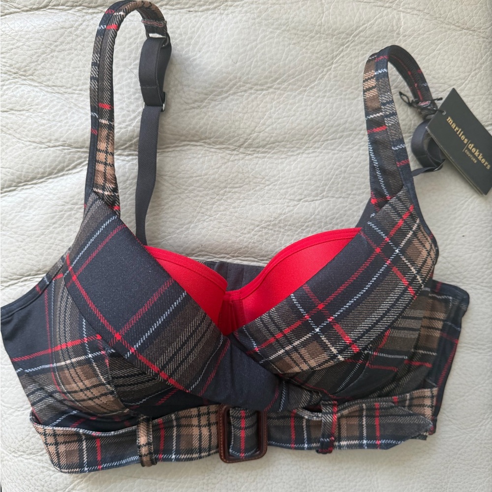 marlies|dekkers The Detective Brown and Red Plaid Cotton-Blend Bra - Picture 2 of 6